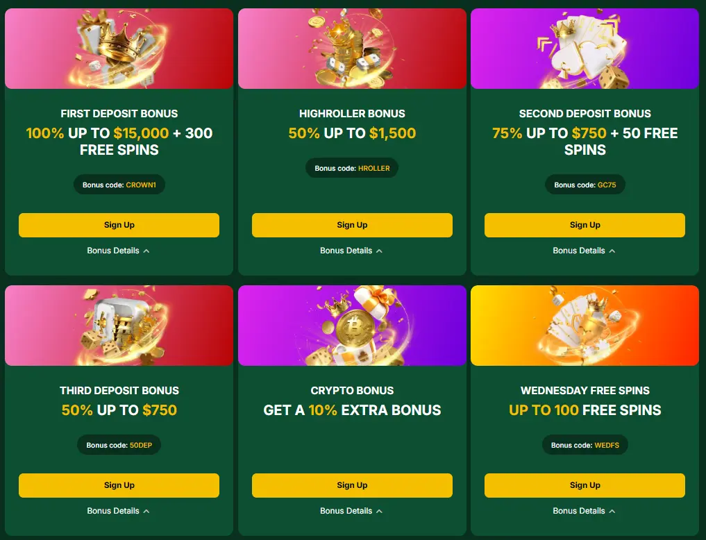 Golden Crown Casino bonus code grid: CROWN1, HROLLER, GC75, 50DEP, crypto bonus, WEDFS